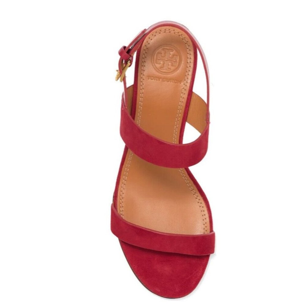 Tory Burch Mini Benton Wedge Sandal Shoes Red Suede 5 Gem